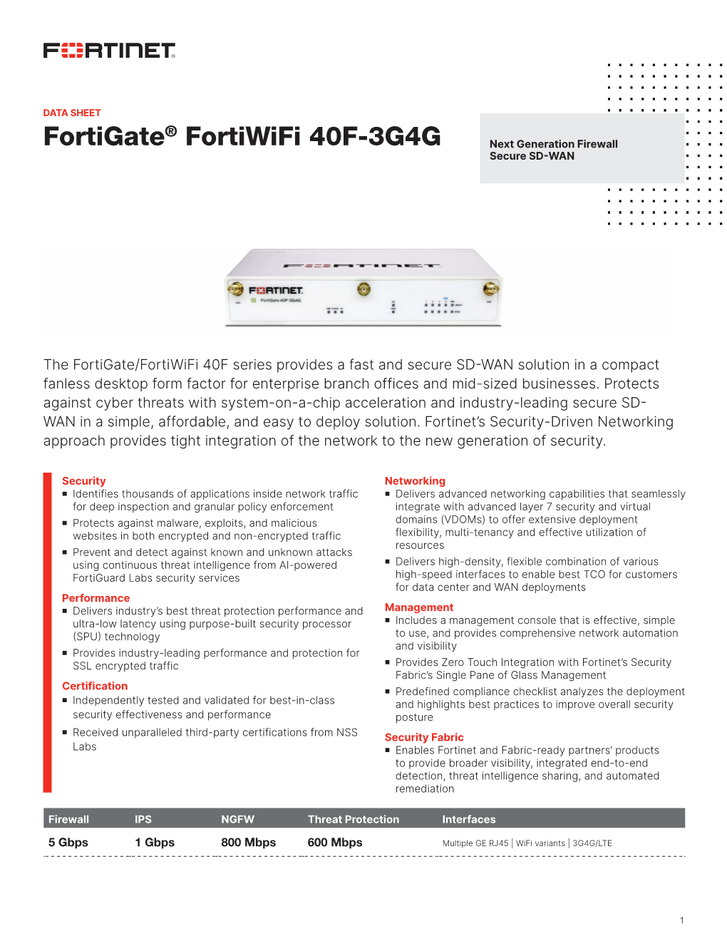 Fortigate Fortiwifi 40F 3G4G Data Sheet
