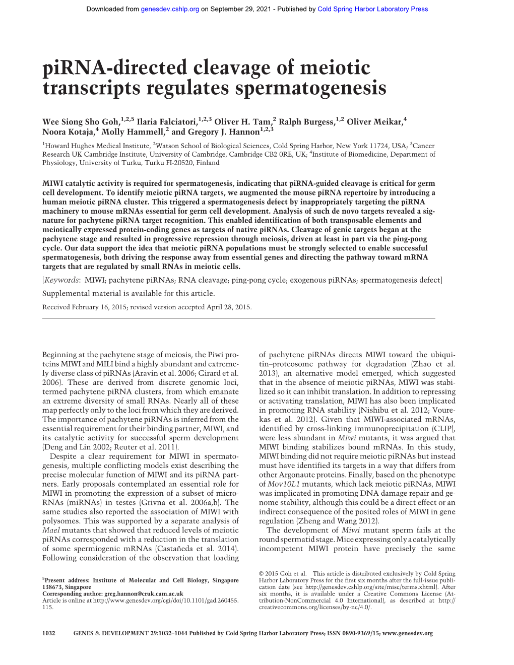 Pirna-Directed Cleavage of Meiotic Transcripts Regulates Spermatogenesis