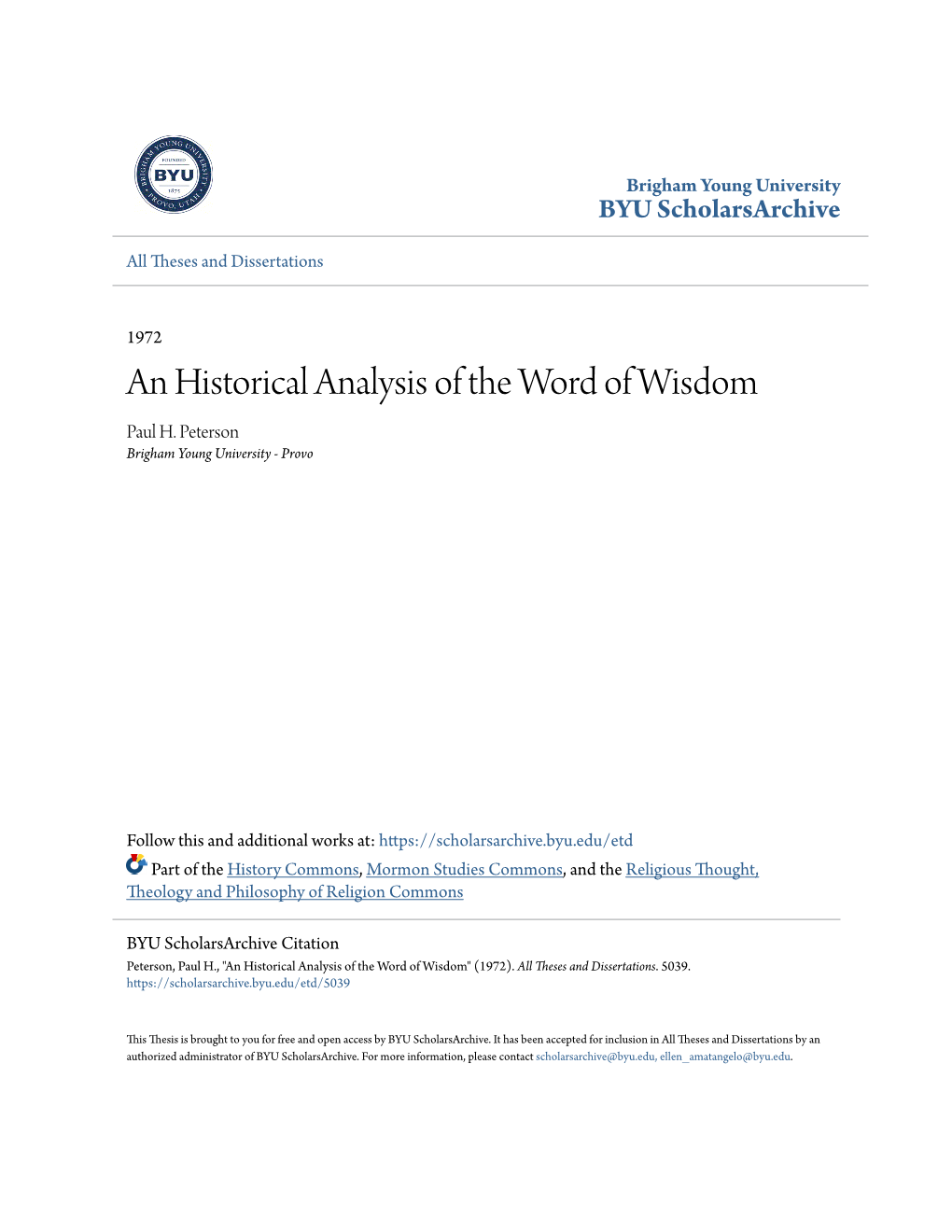 An Historical Analysis of the Word of Wisdom – Paul Peterson
