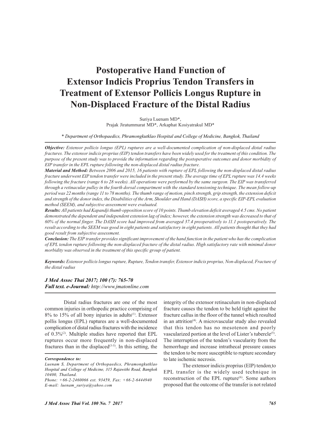 Postoperative Hand Function of Extensor Indicis Proprius Tendon