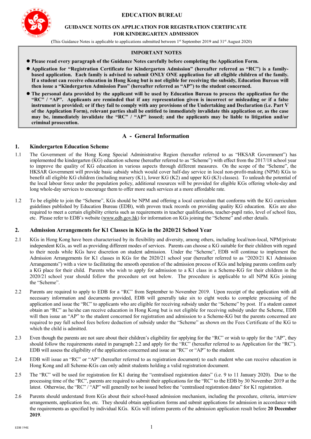 Guidance Notes Is Applicable to Applications Submitted Between 1St September 2019 and 31St August 2020)