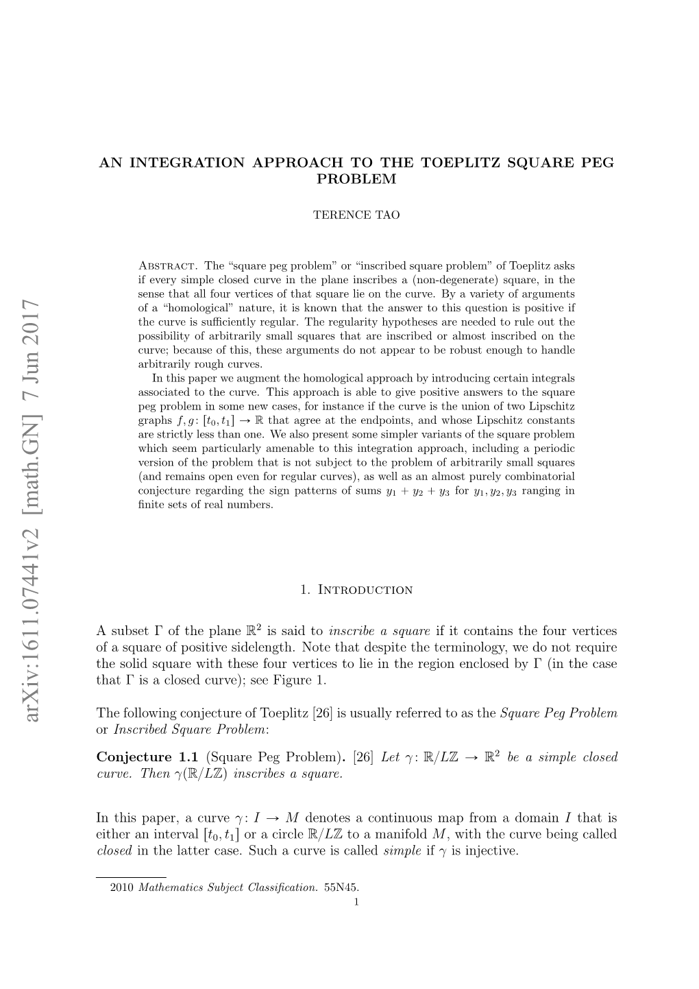 An Integration Approach to the Toeplitz Square Peg Problem