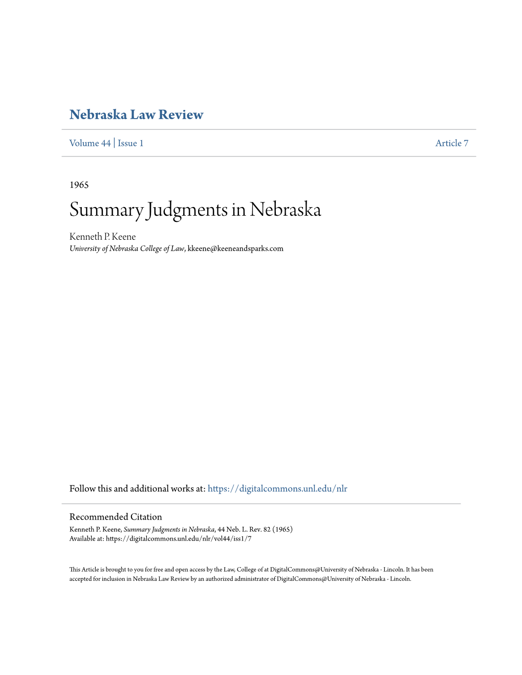 Summary Judgments in Nebraska Kenneth P