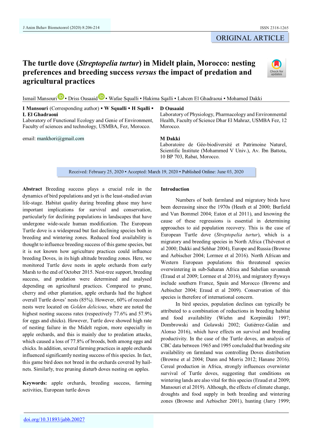 The Turtle Dove (Streptopelia Turtur) in Midelt Plain, Morocco: Nesting Preferences and Breeding Success Versus the Impact of Predation and Agricultural Practices