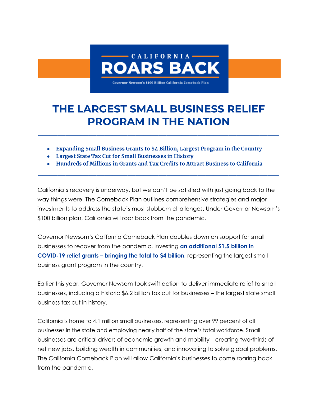 The Largest Small Business Relief Program in the Nation ______