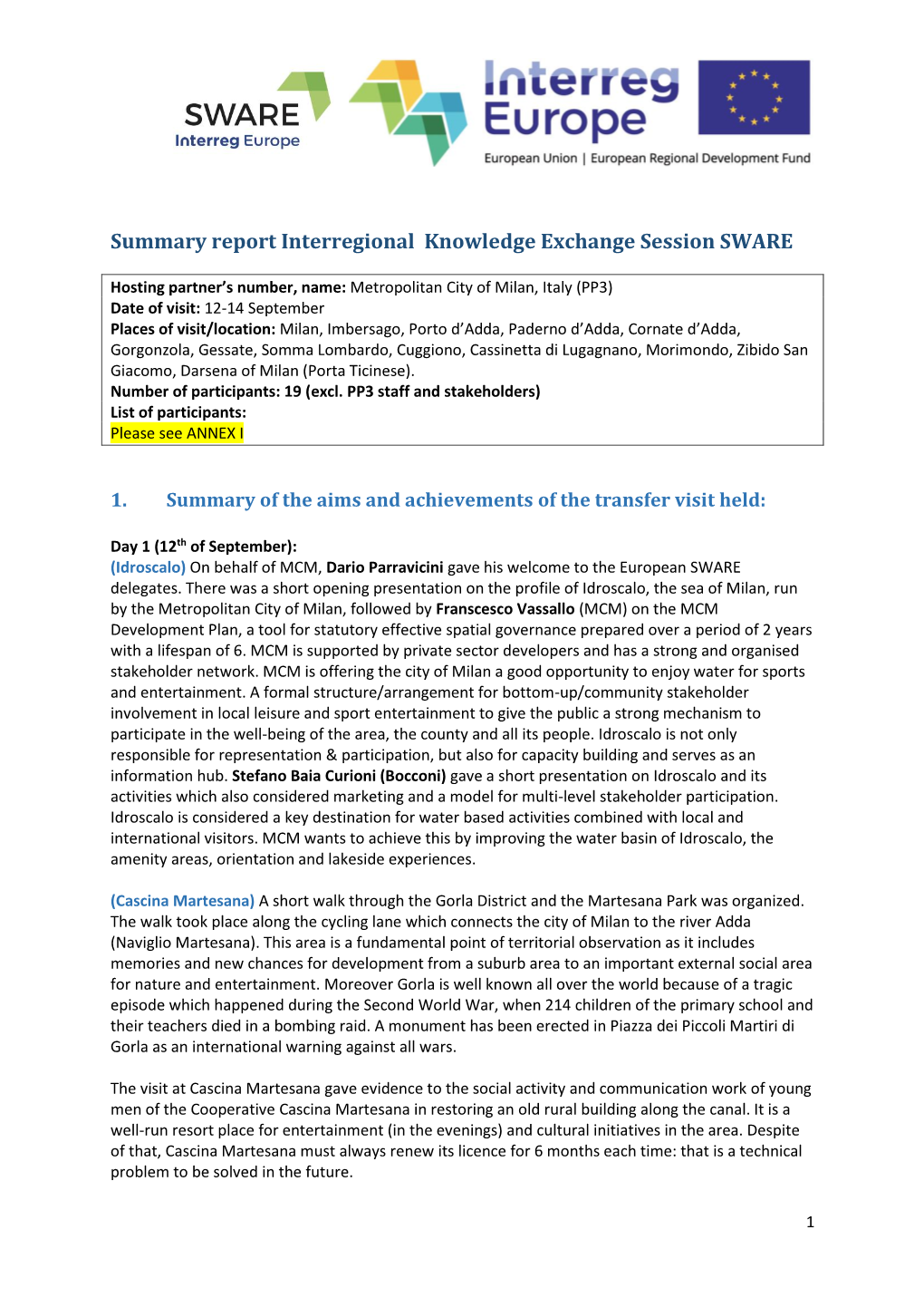 Summary Report Interregional Knowledge Exchange Session SWARE