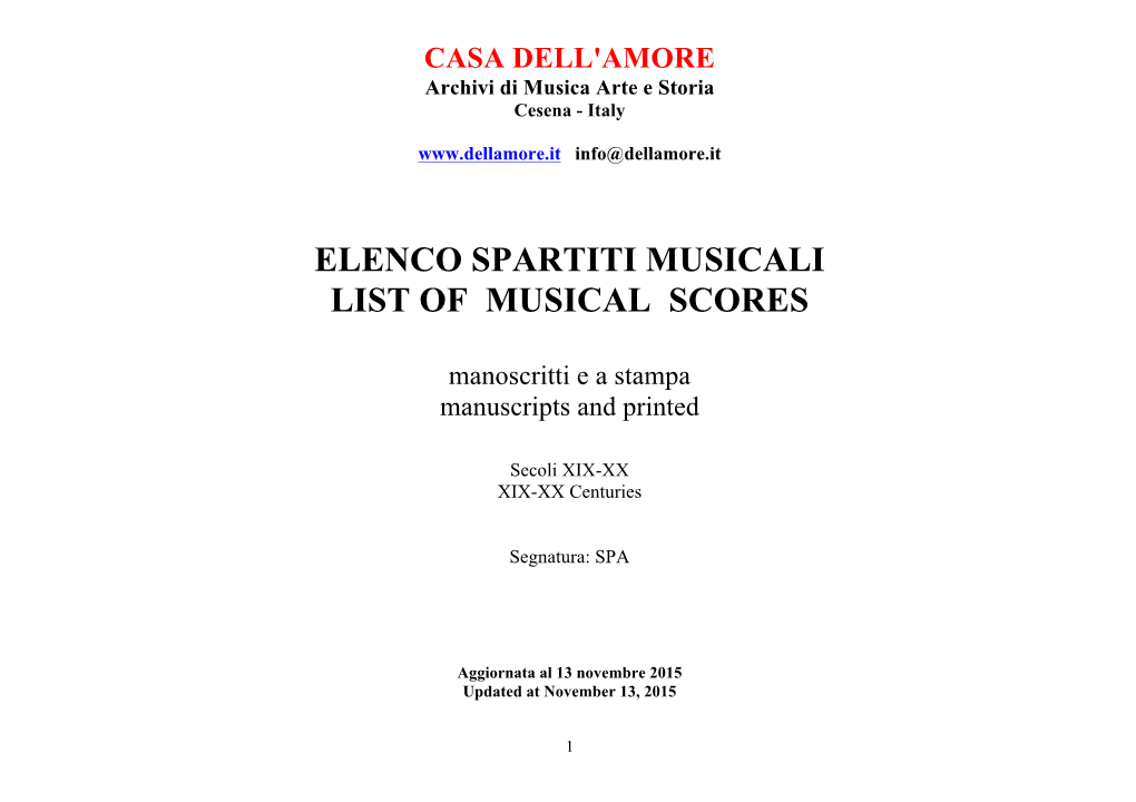 Elenco Spartiti Musicali List of Musical Scores