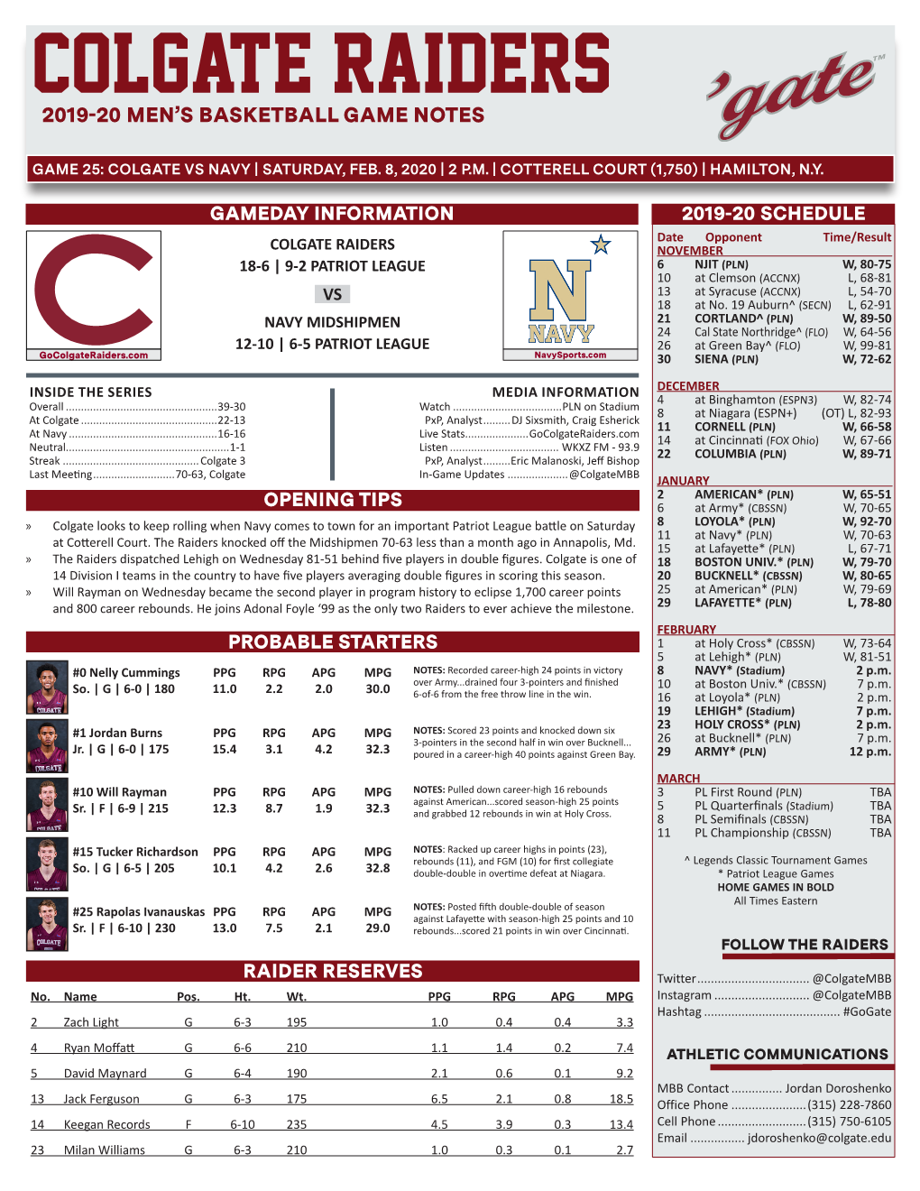 Colgate Raiders 2019-20 Men’S Basketball Game Notes