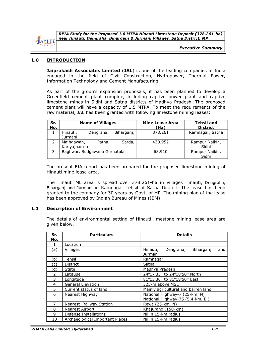 1.0 INTRODUCTION Jaiprakash Associates Limited(JAL) Is One Of