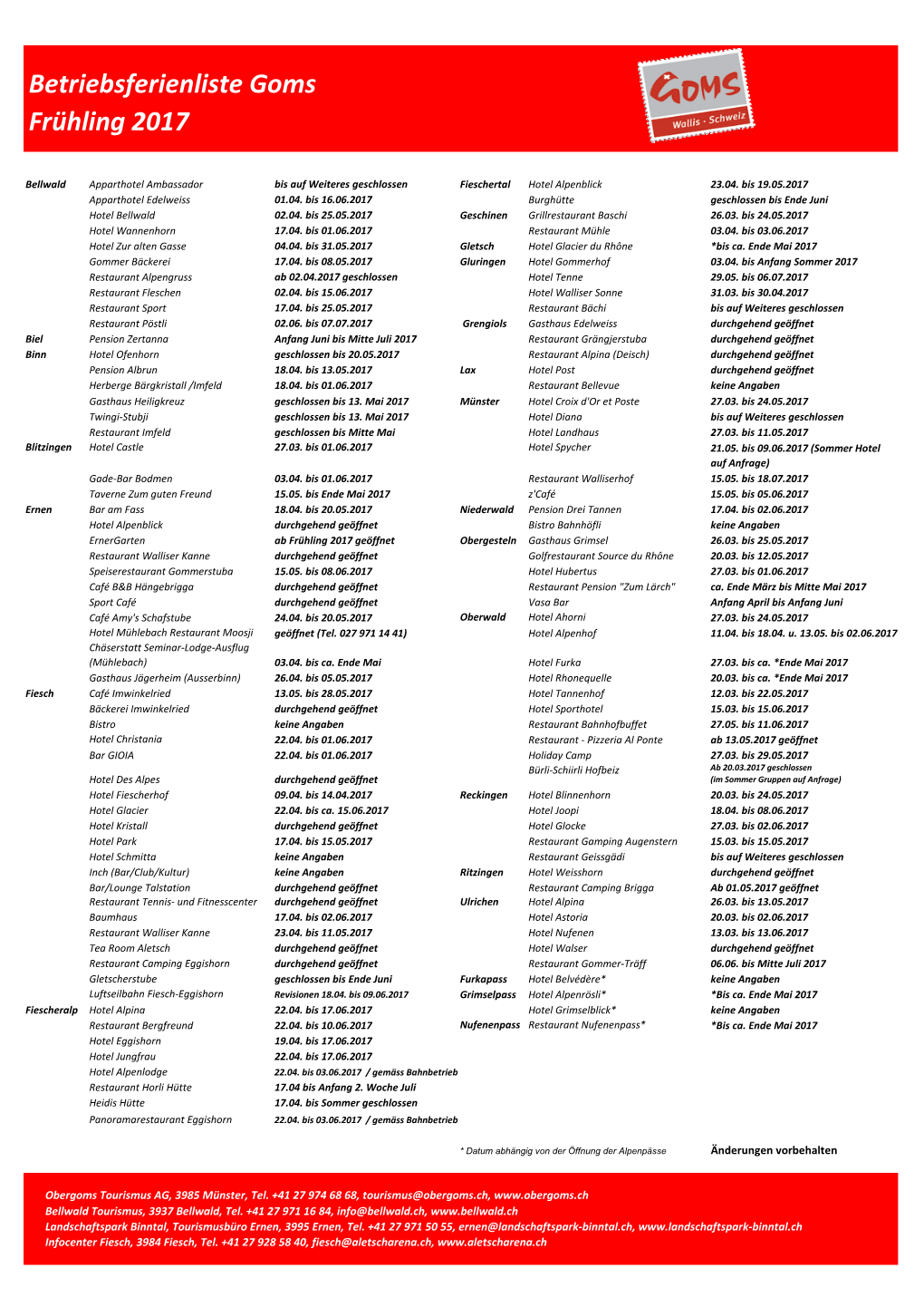 Betriebsferienliste Goms Frühling 2017