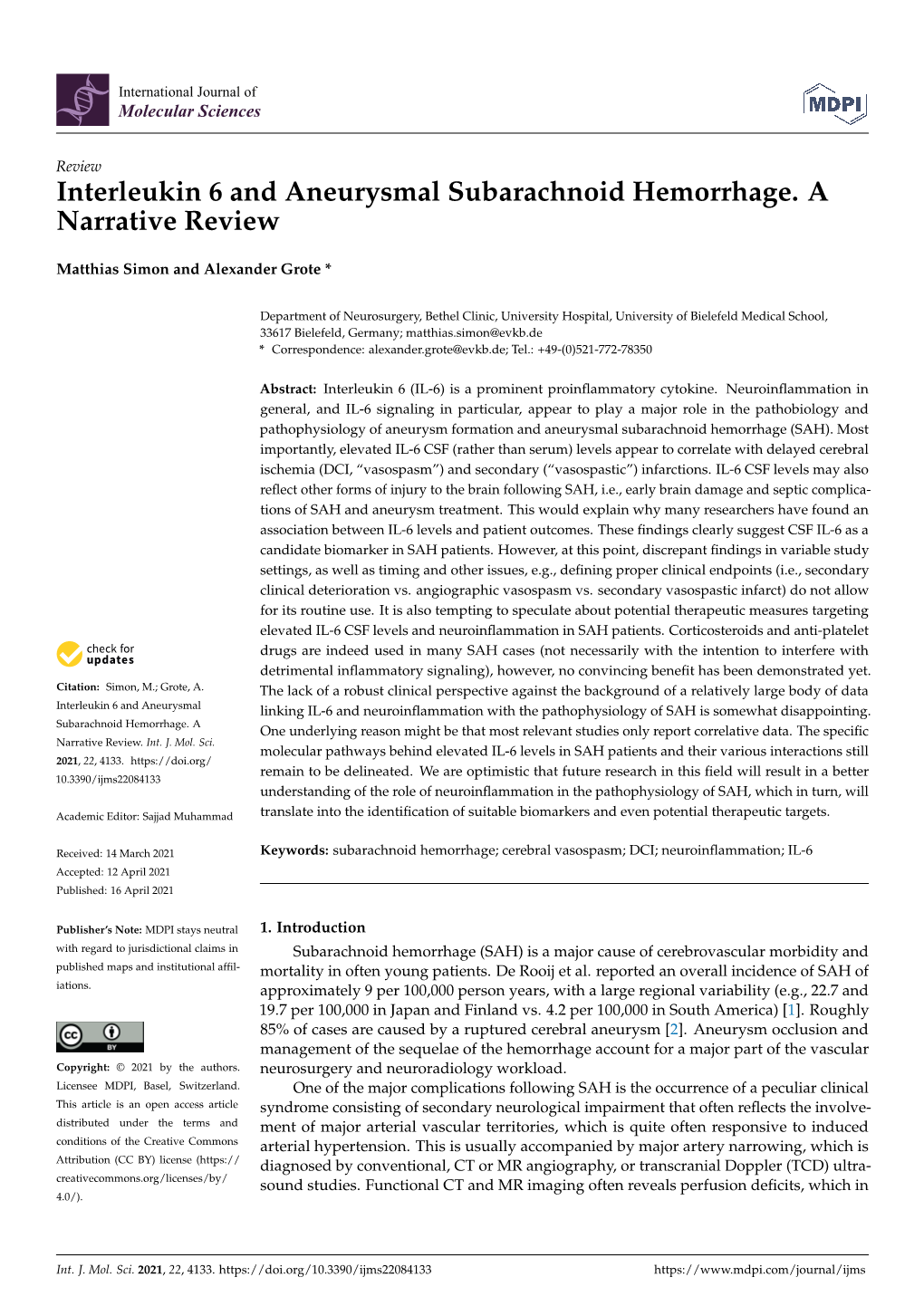 Interleukin 6 and Aneurysmal Subarachnoid Hemorrhage. a Narrative Review