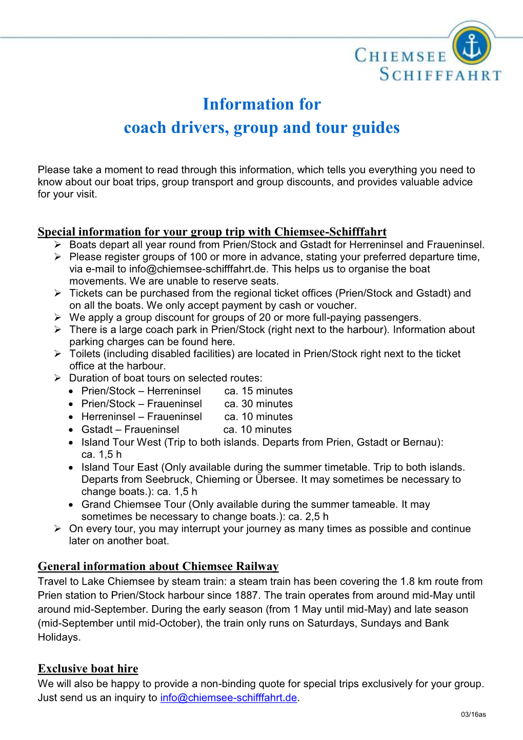 Information for Coach Drivers, Group and Tour Guides