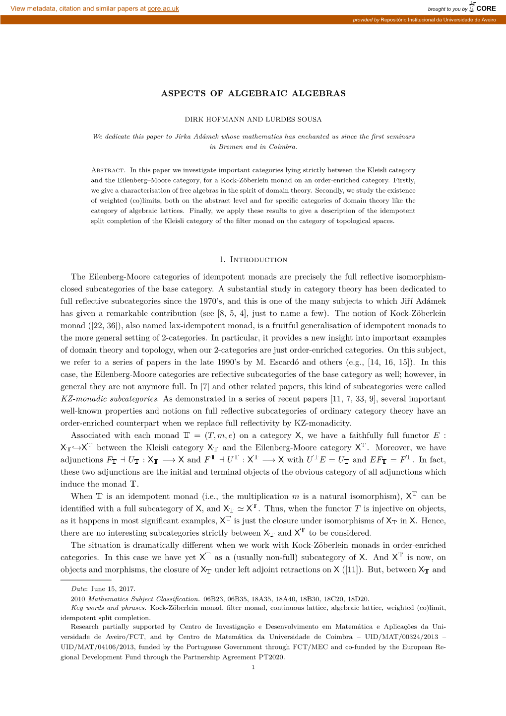 ASPECTS of ALGEBRAIC ALGEBRAS 1. Introduction The