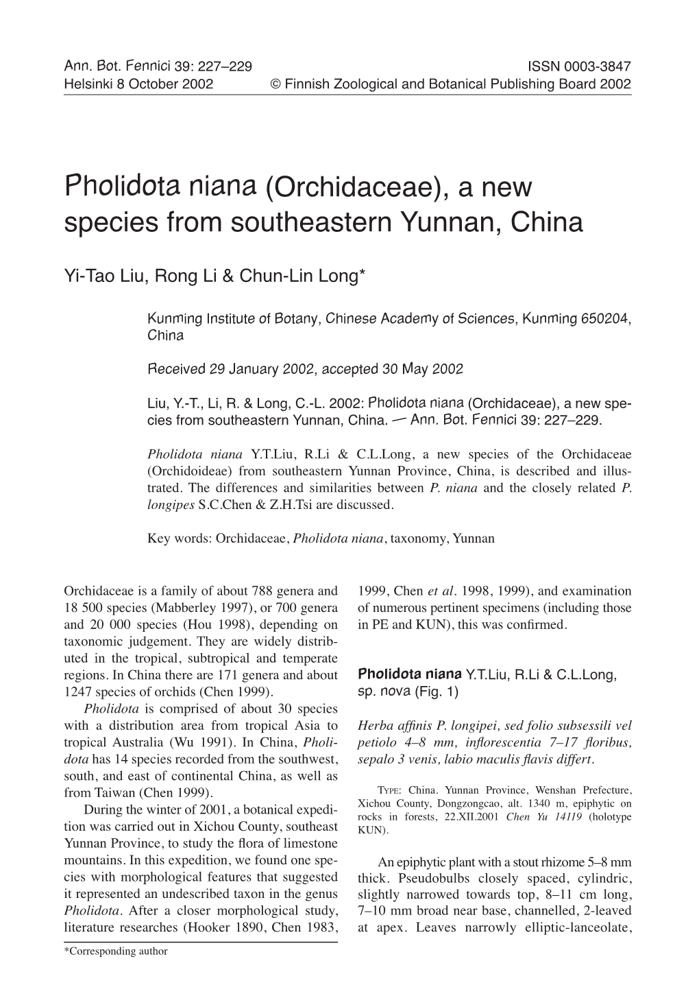 Pholidota Niana (Orchidaceae), a New Species from Southeastern Yunnan, China