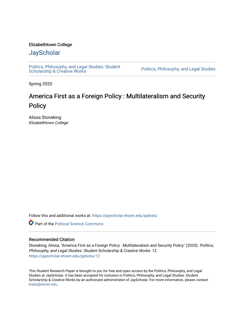 America First As a Foreign Policy : Multilateralism and Security Policy