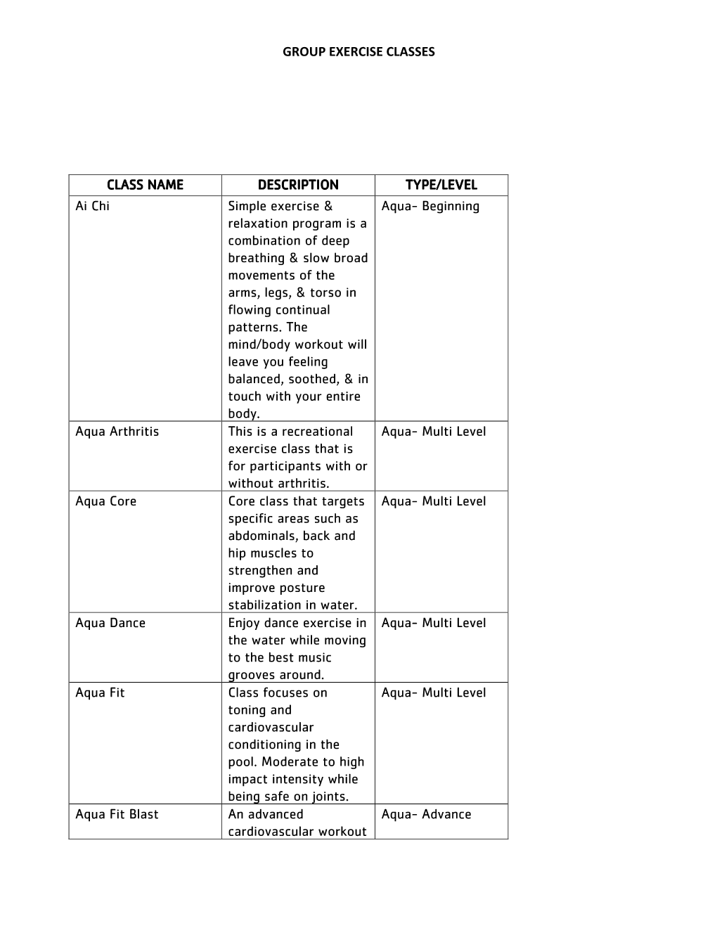 GROUP EXERCISE CLASSES CLASS NAME DESCRIPTION TYPE/LEVEL Ai Chi Simple Exercise & Relaxation Program Is a Combination Of