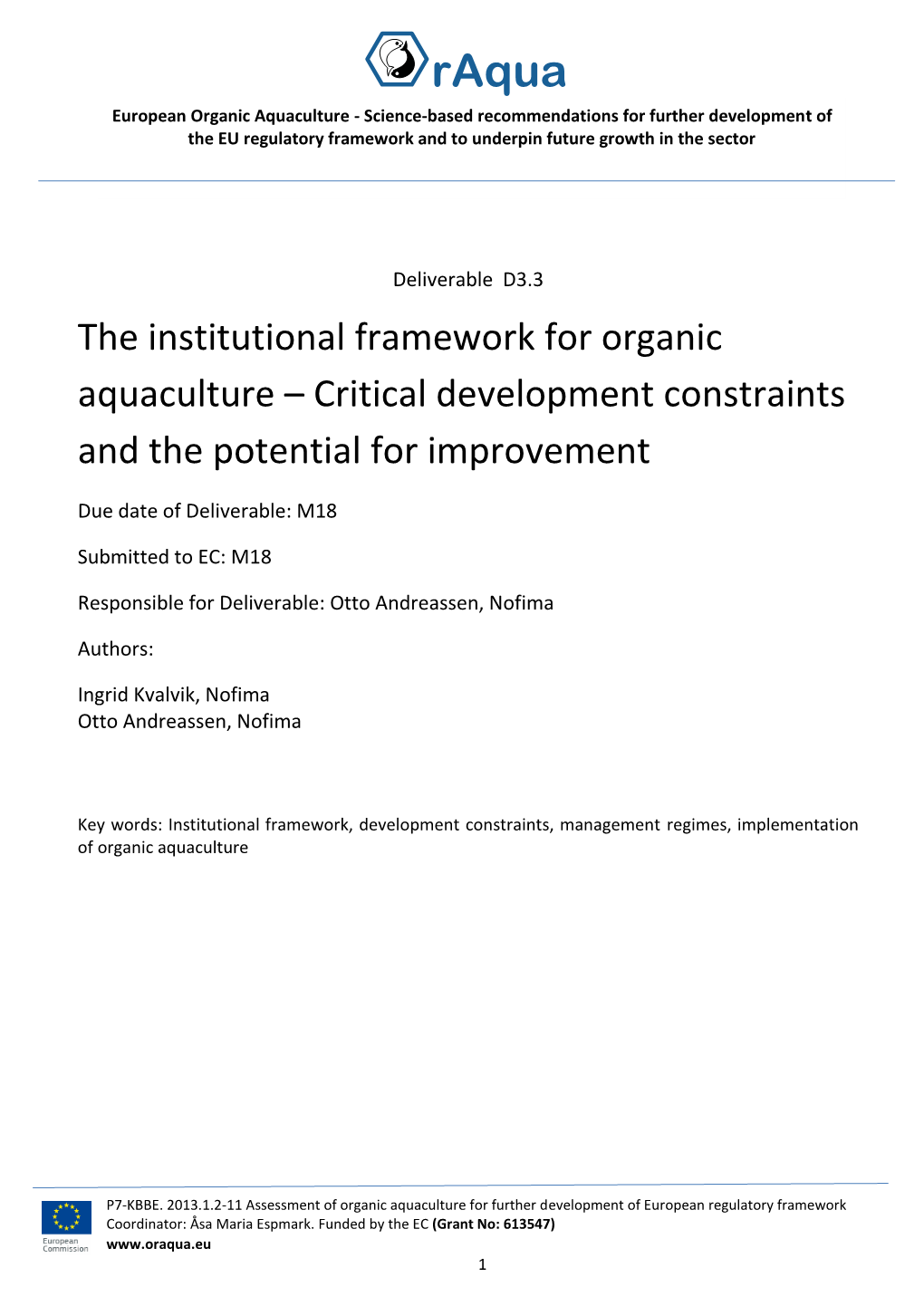 The Institutional Framework for Organic Aquaculture – Critical Development Constraints and the Potential for Improvement