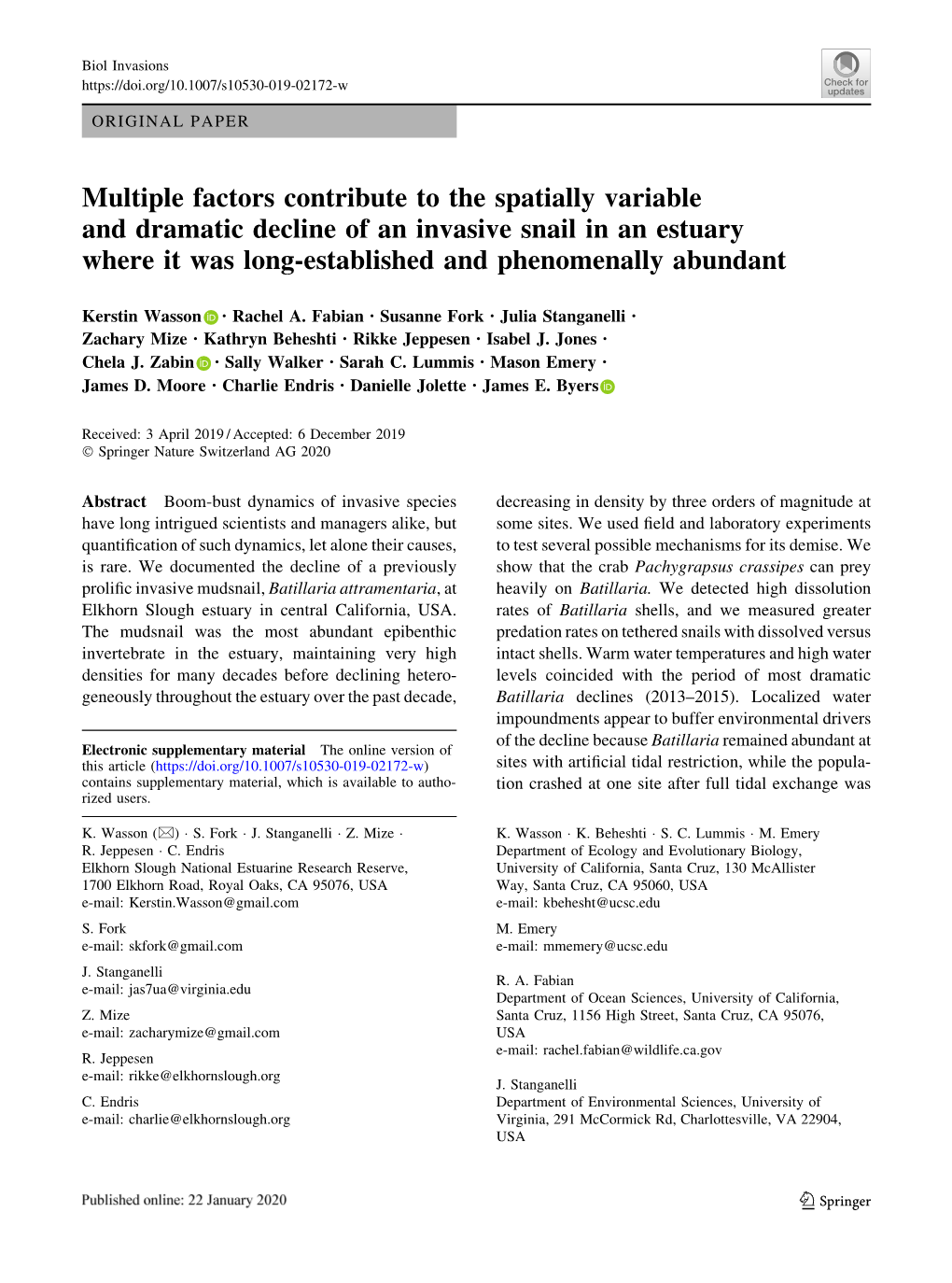 Multiple Factors Contribute to the Spatially Variable and Dramatic Decline of an Invasive Snail in an Estuary Where It Was Long-Established and Phenomenally Abundant