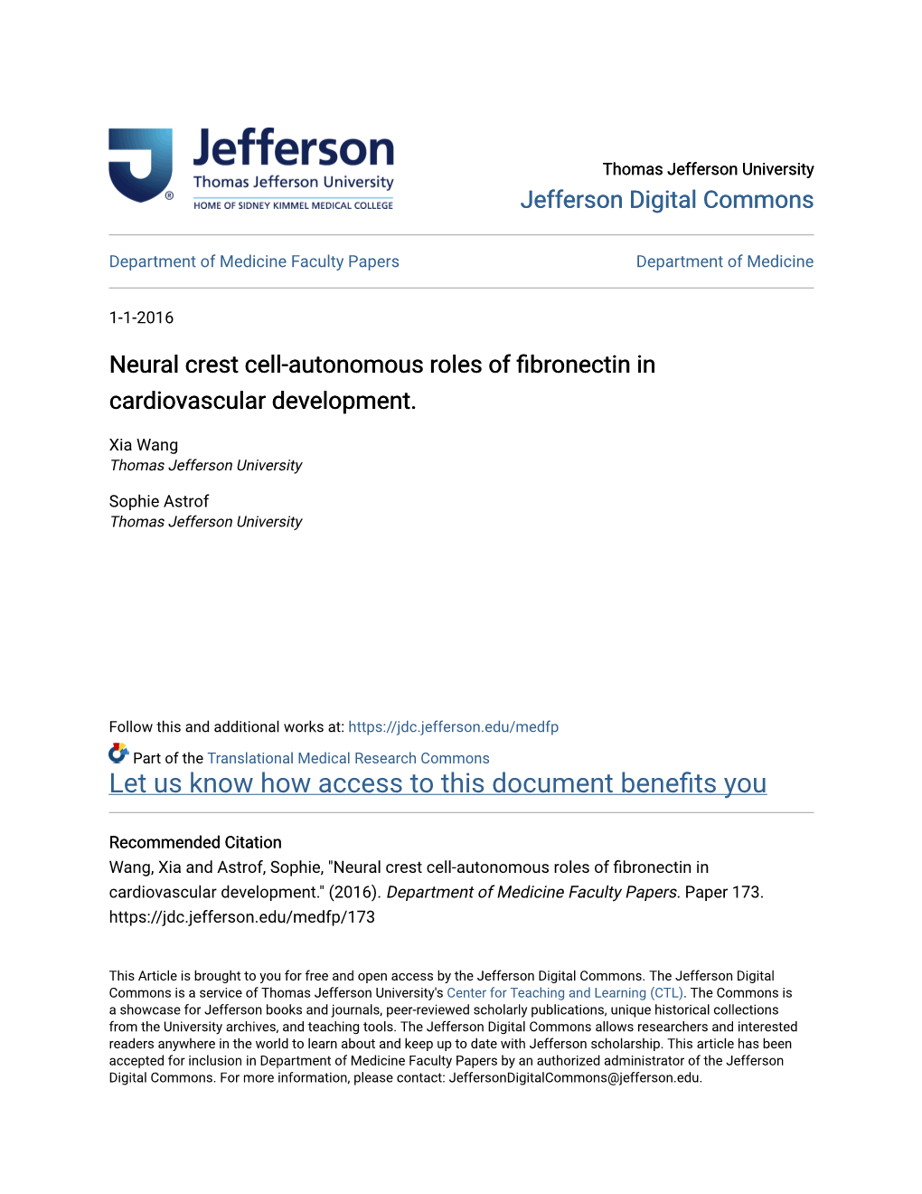 Neural Crest Cell-Autonomous Roles of Fibronectin in Cardiovascular Development