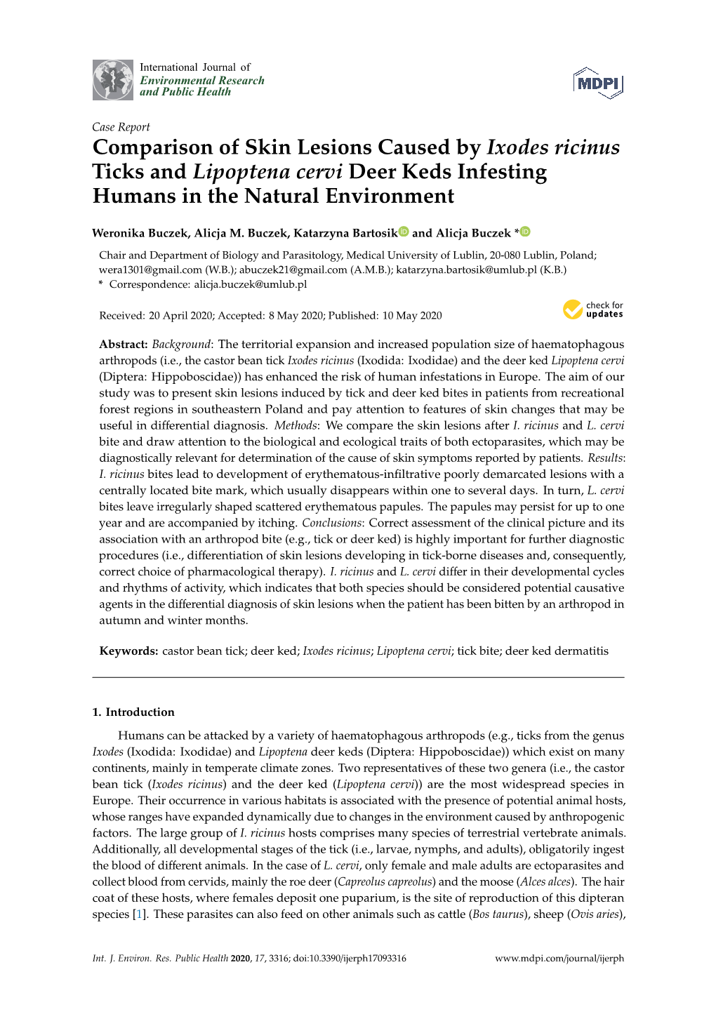 Comparison of Skin Lesions Caused by Ixodes Ricinus Ticks and Lipoptena Cervi Deer Keds Infesting Humans in the Natural Environment