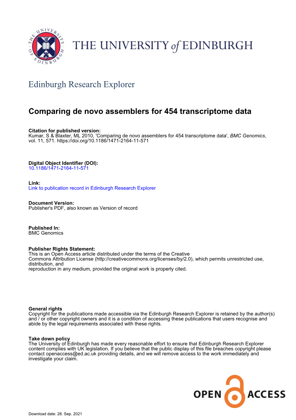 Comparing De Novo Assemblers for 454 Transcriptome Data