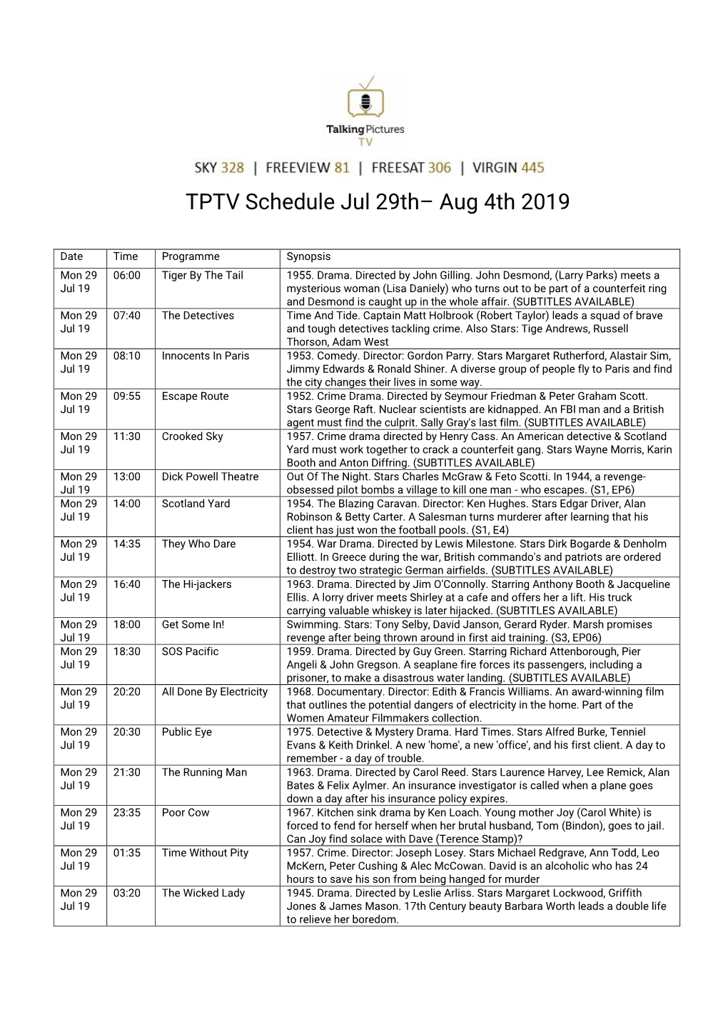 TPTV Schedule Jul 29Th– Aug 4Th 2019