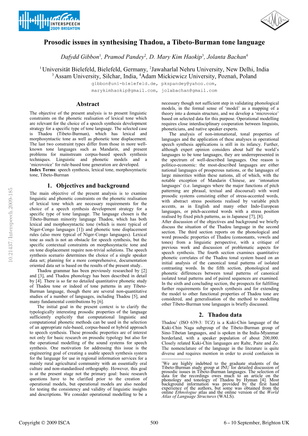 Prosodic Issues in Synthesising Thadou, a Tibeto-Burman Tone Language