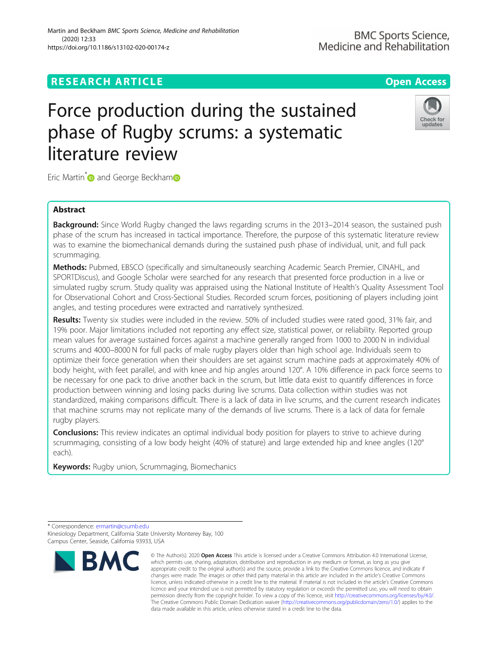 Force Production During the Sustained Phase of Rugby Scrums: a Systematic Literature Review Eric Martin* and George Beckham