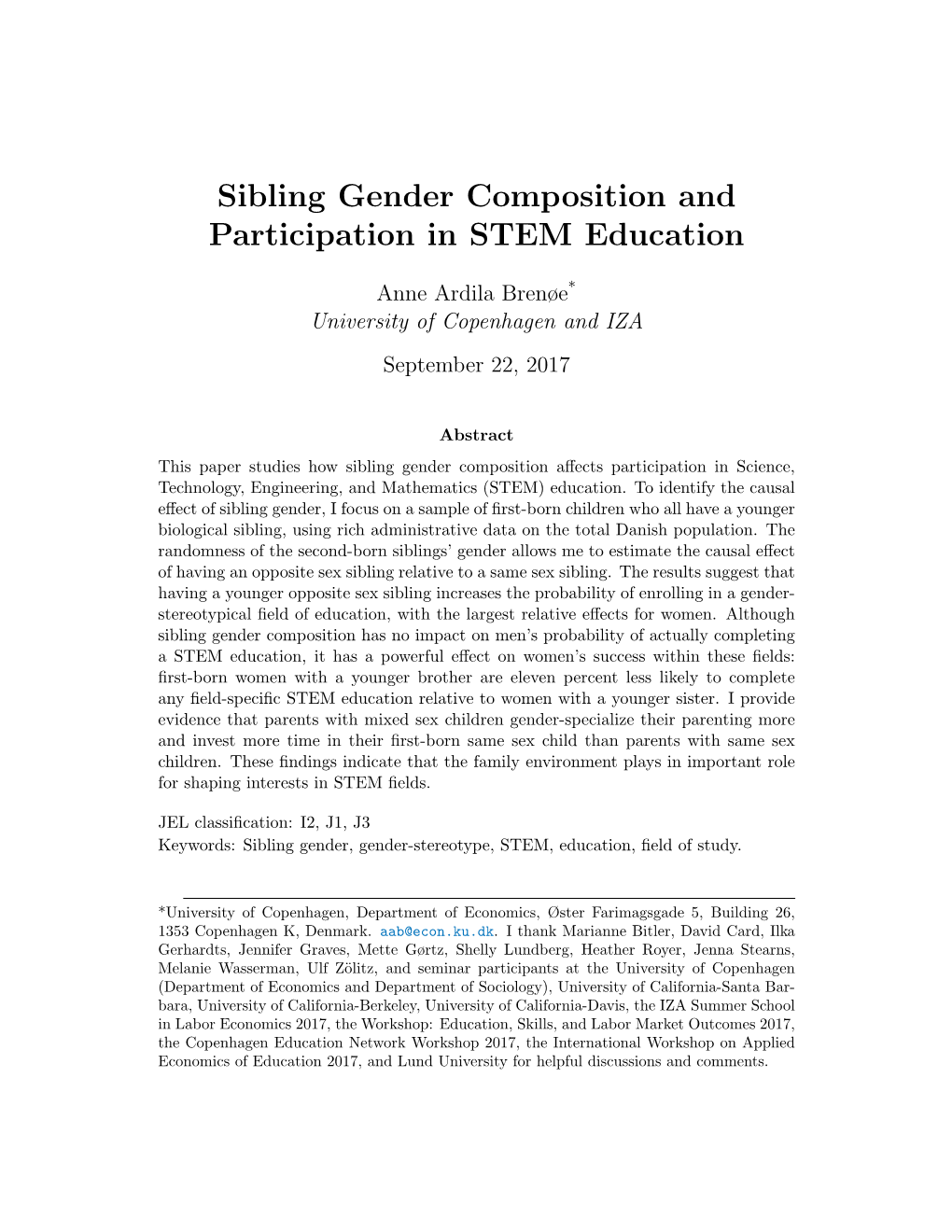Sibling Gender Composition and Participation in STEM Education