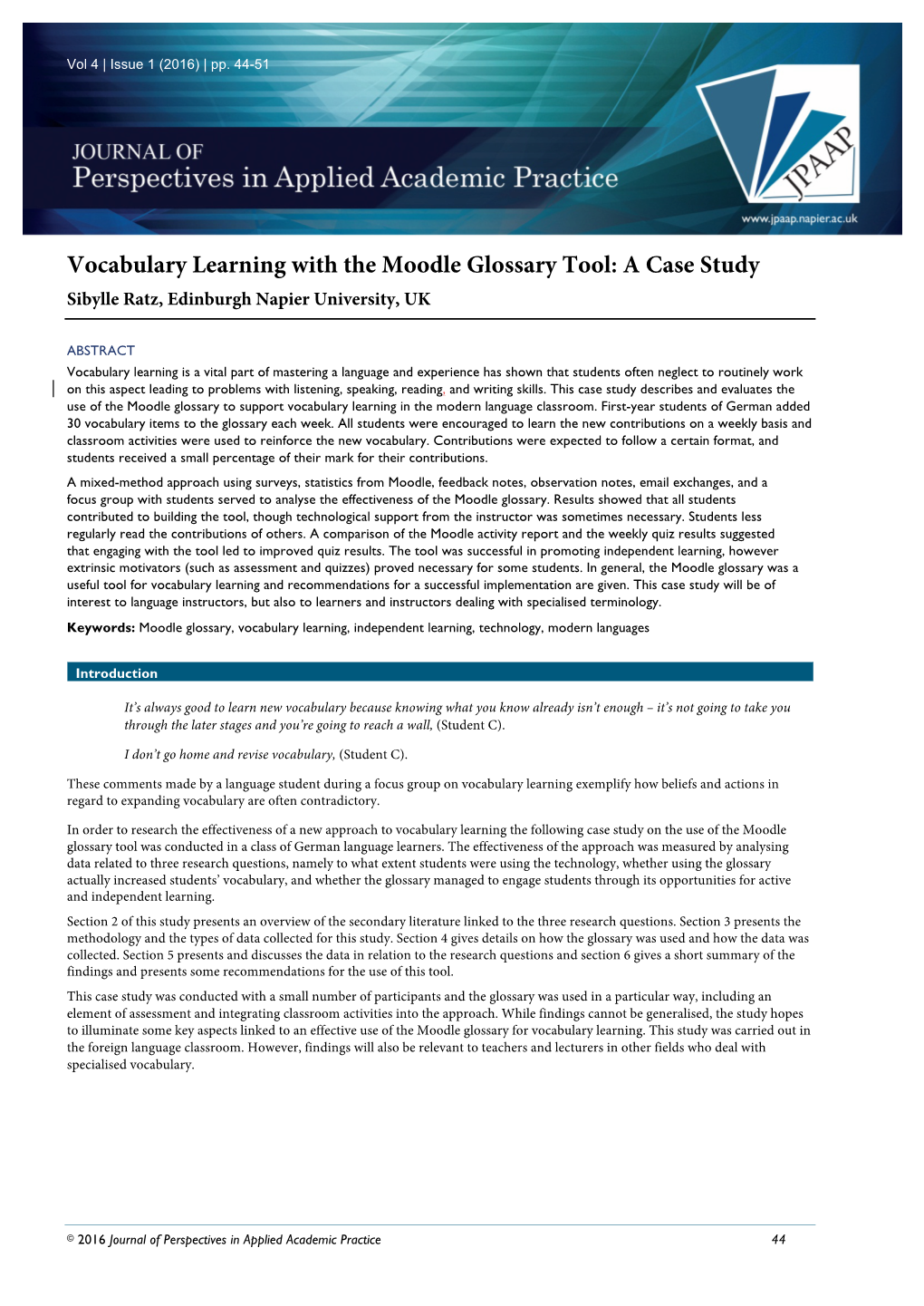 Vocabulary Learning with the Moodle Glossary Tool: a Case Study Sibylle Ratz, Edinburgh Napier University, UK