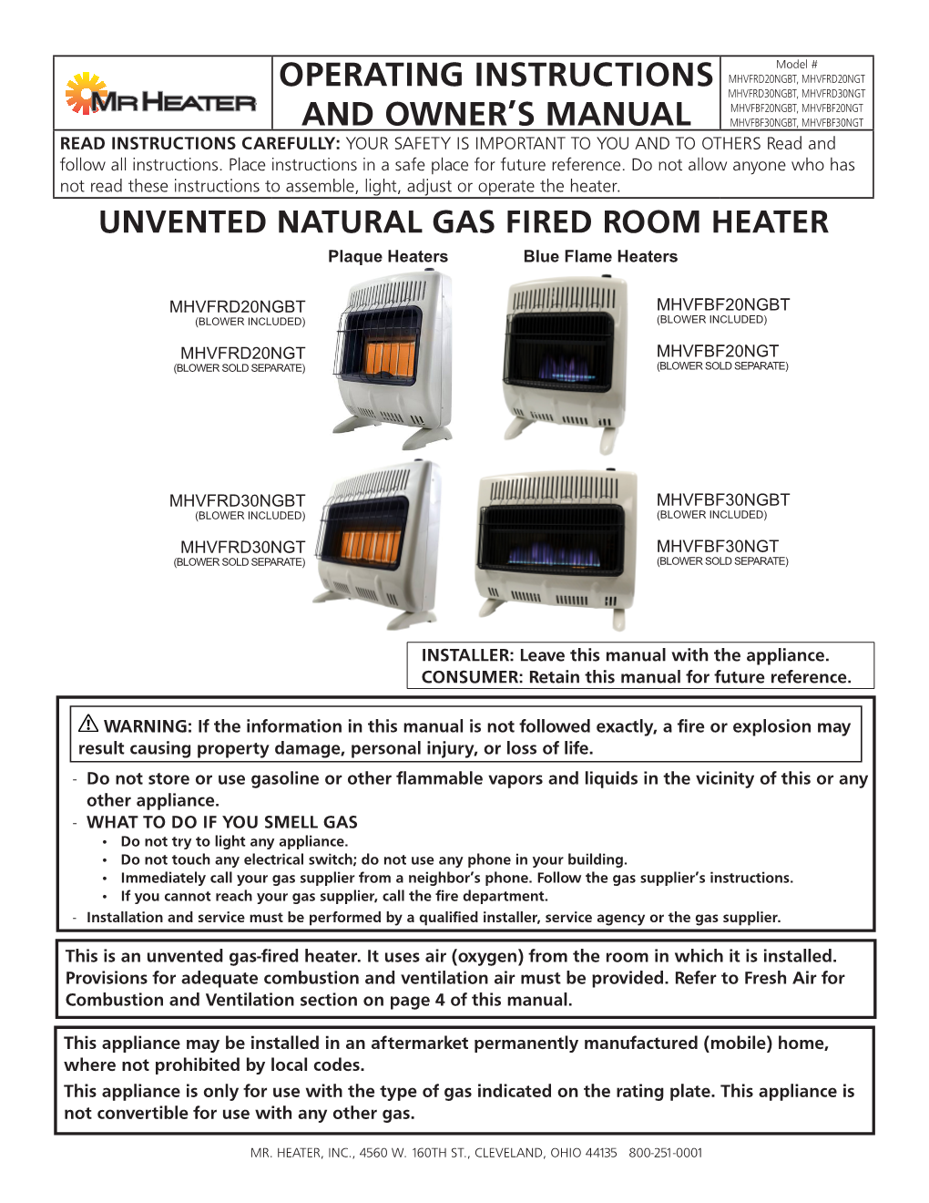 20000-30000 BTU Vent Free Natural Gas Heaters Manual 2020