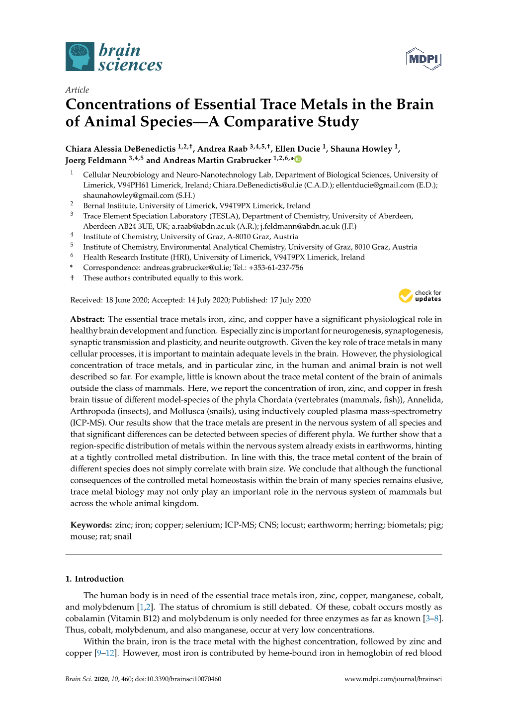 Concentrations of Essential Trace Metals in the Brain of Animal Species—A Comparative Study