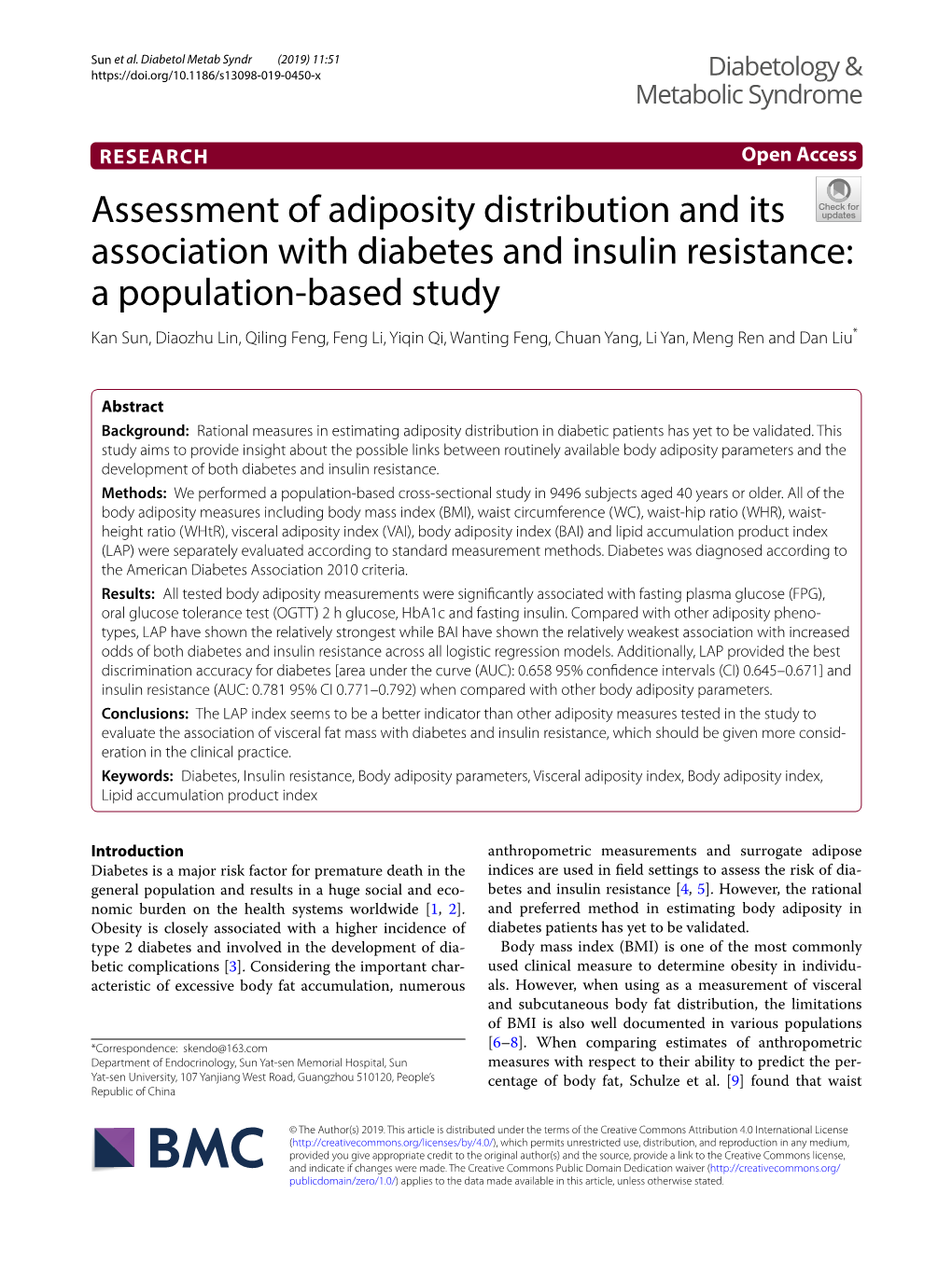 Assessment of Adiposity Distribution and Its Association with Diabetes and Insulin Resistance