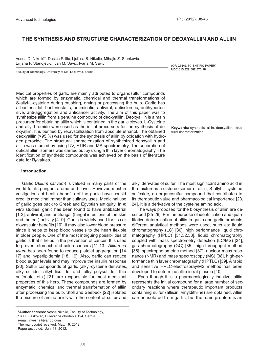 The Synthesis and Structure Characterization of Deoxyalliin and Alliin