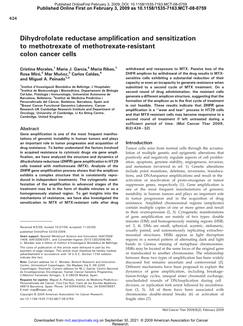 Dihydrofolate Reductase Amplification and Sensitization to Methotrexate of Methotrexate-Resistant Colon Cancer Cells