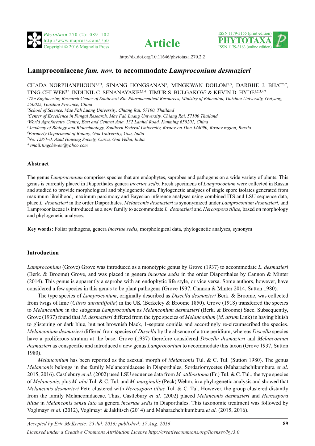 Lamproconiaceae Fam. Nov. to Accommodate Lamproconium Desmazieri