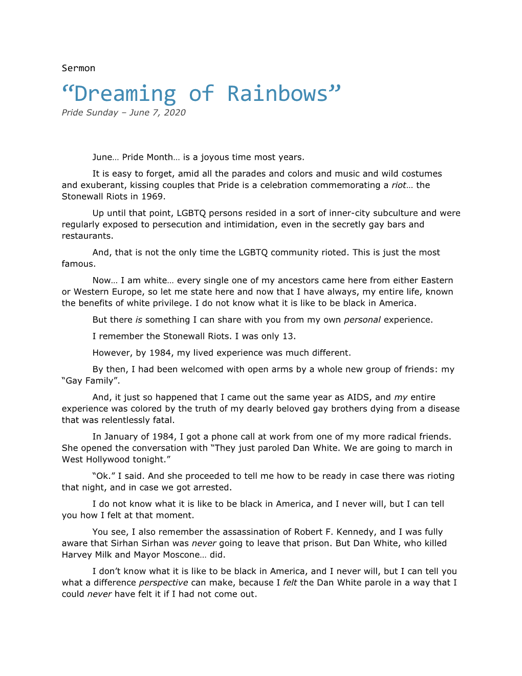 “Dreaming of Rainbows” Pride Sunday – June 7, 2020