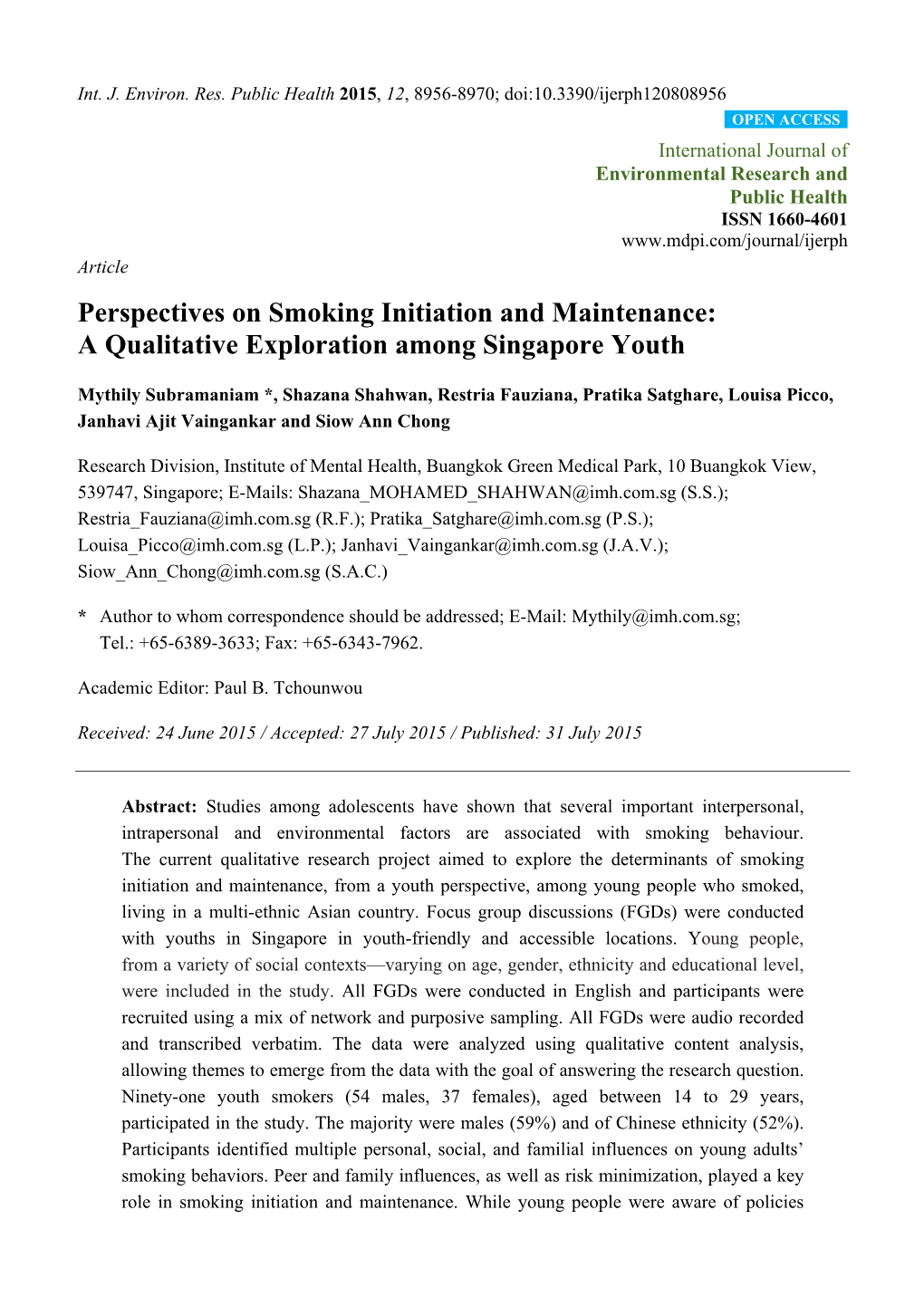Perspectives on Smoking Initiation and Maintenance: a Qualitative Exploration Among Singapore Youth