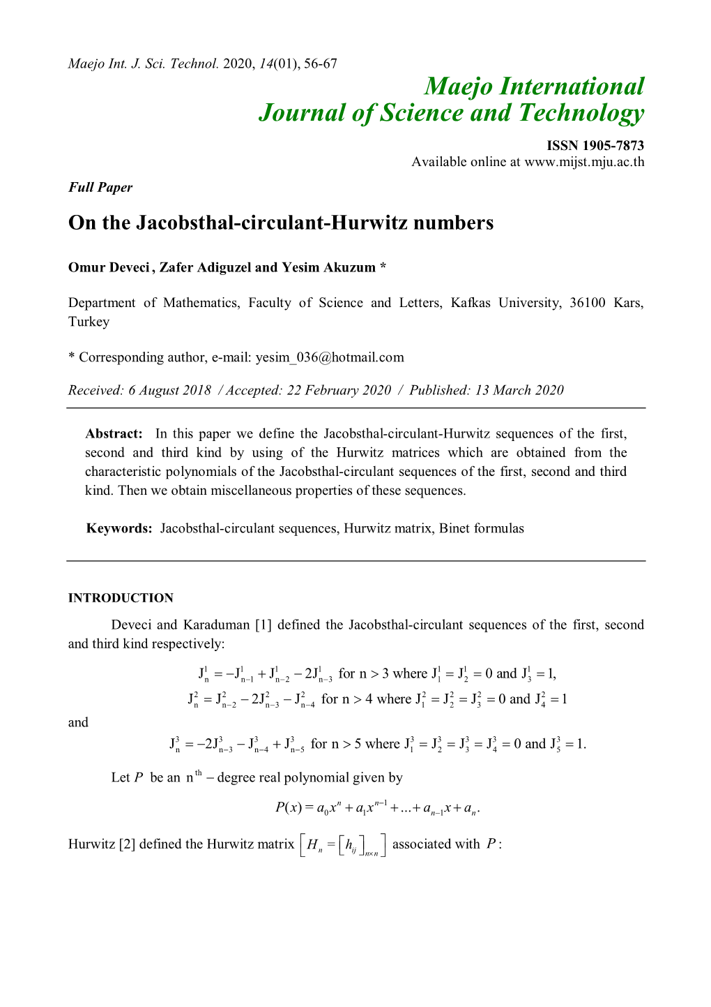 On the Jacobsthal-Circulant-Hurwitz Numbers