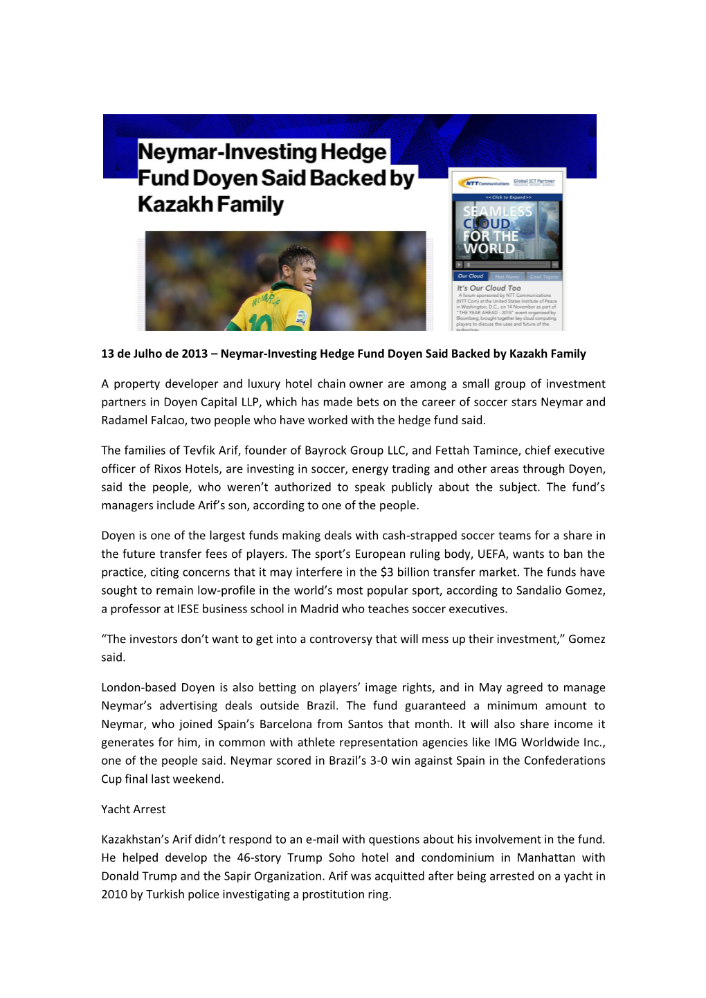 Neymar-Investing Hedge Fund Doyen Said Backed by Kazakh Family