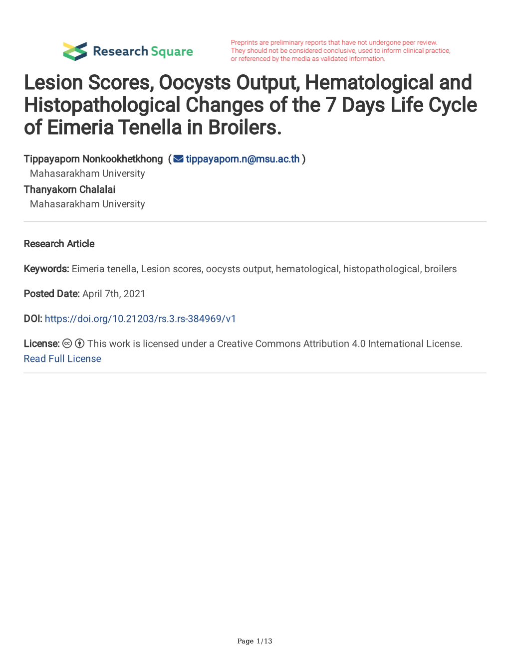 Lesion Scores, Oocysts Output, Hematological and Histopathological Changes of the 7 Days Life Cycle of Eimeria Tenella in Broilers