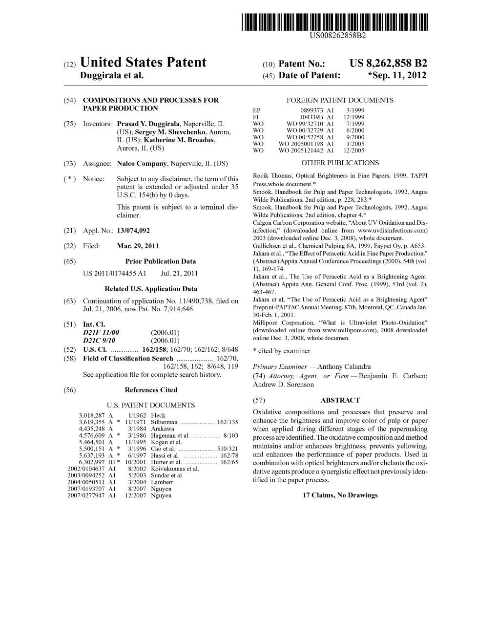 (12) United States Patent (10) Patent No.: US 8,262,858 B2 Duggirala Et Al