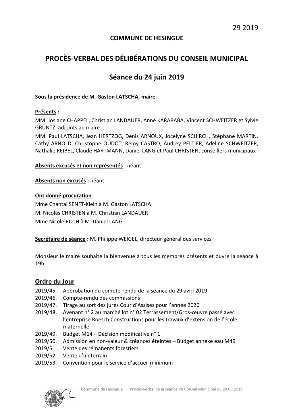 29 2019 Procès-Verbal Des Délibérations Du Conseil