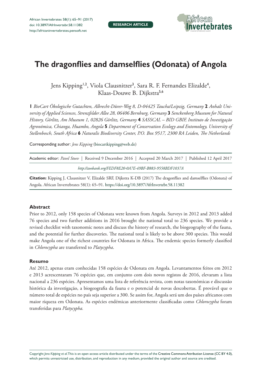 The Dragonflies and Damselflies (Odonata) of Angola