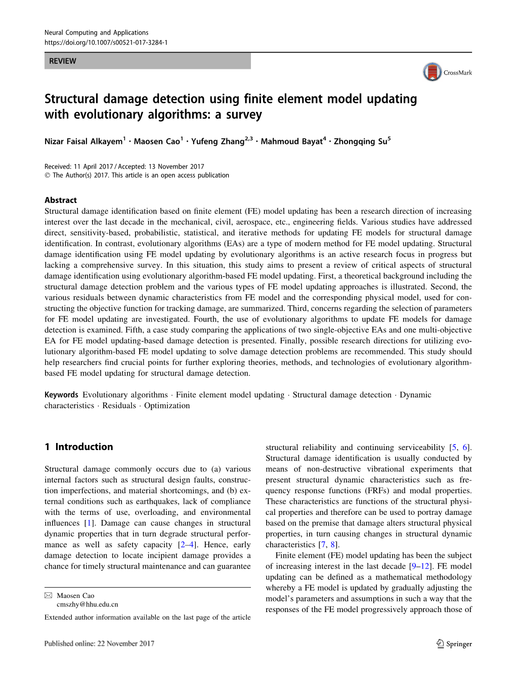 Structural Damage Detection Using Finite Element Model Updating with Evolutionary Algorithms: a Survey