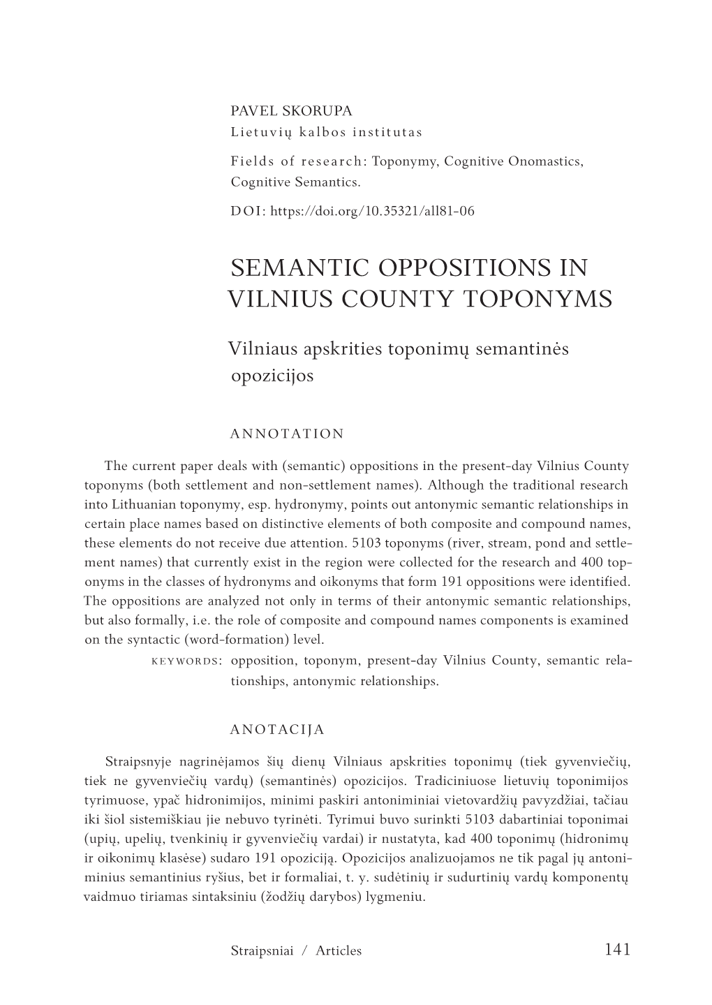 Semantic Oppositions in Vilnius County Toponyms