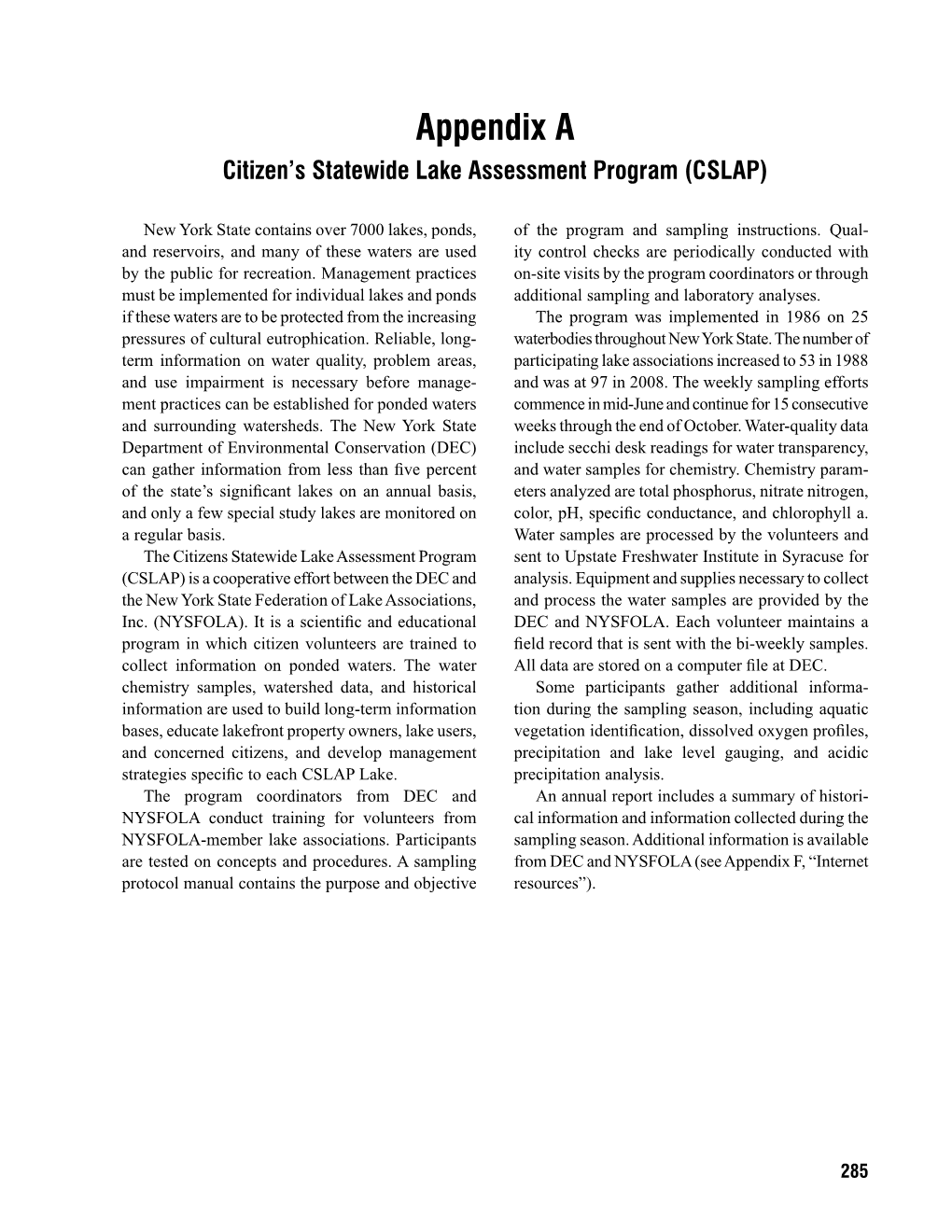 Appendix a Citizen’S Statewide Lake Assessment Program (CSLAP)