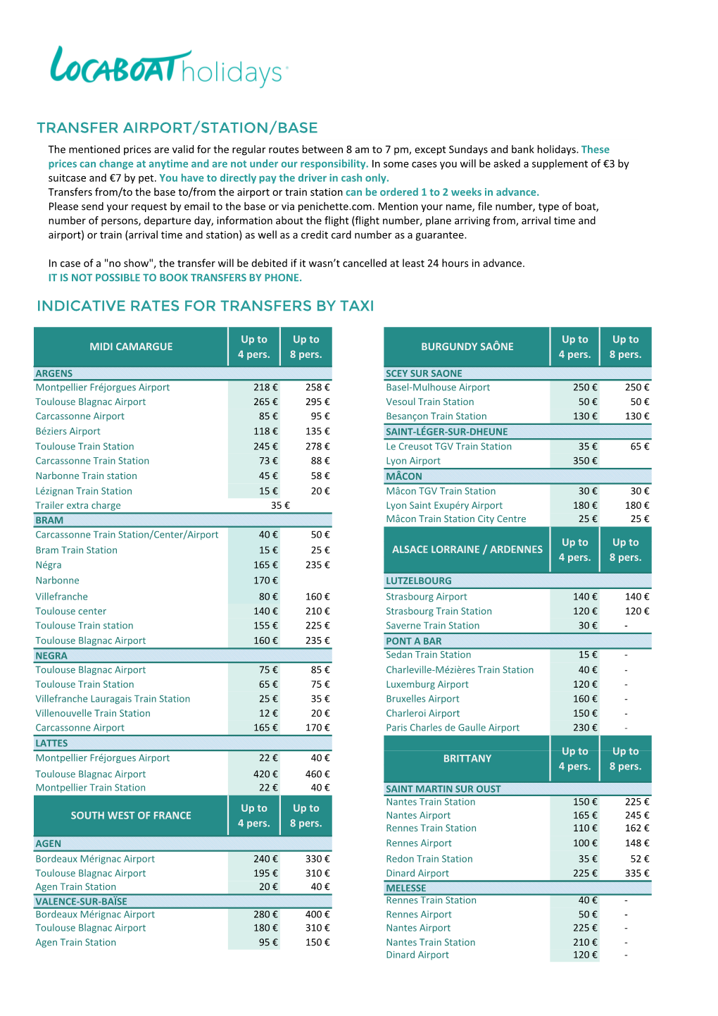 Prices for Taxi Transfers from the Airport / Station