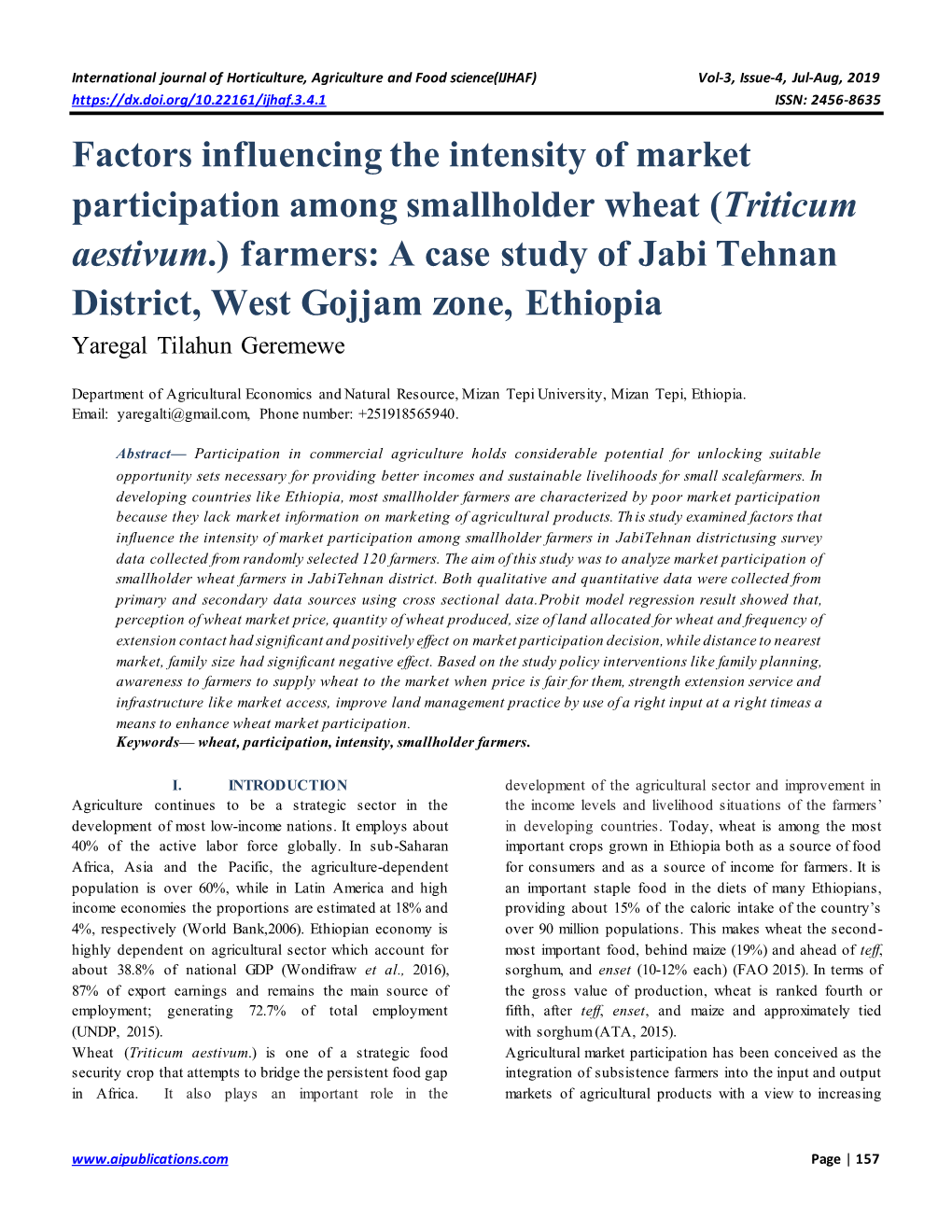 Factors Influencing the Intensity of Market Participation Among Smallholder Wheat (Triticum Aestivum.) Farmers: a Case Study Of