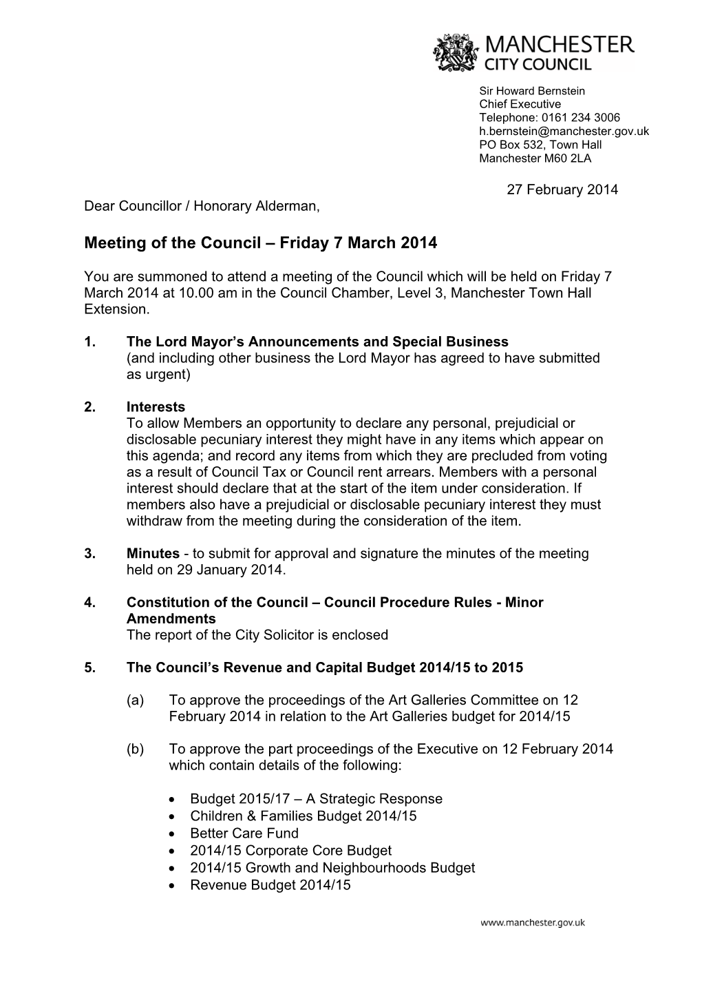 Summons for the Council on 7 March 2014